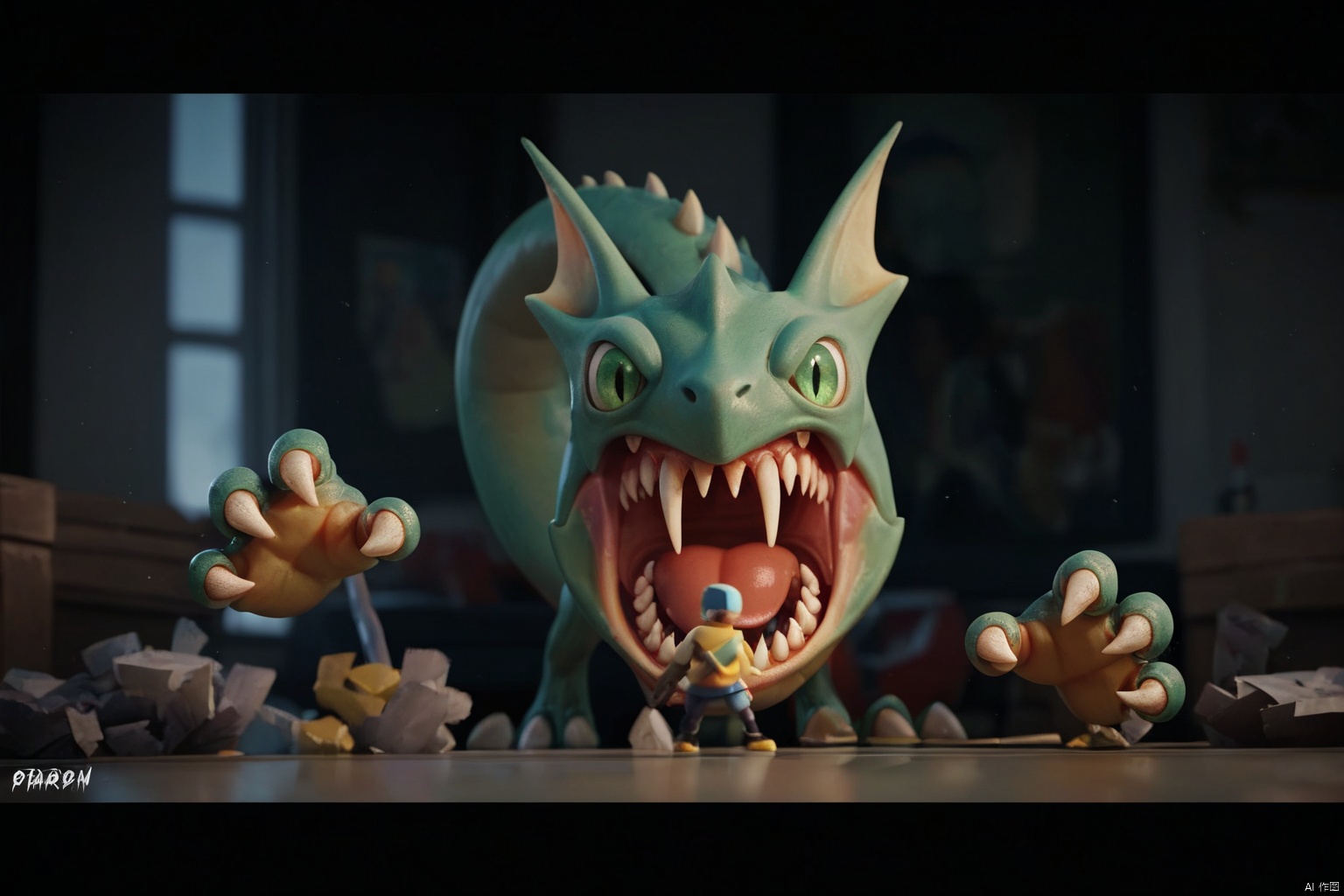 score_9, score_8_up, score_7_up, score_6_up, 8k, best quality, masterpiece, (ultra-detailed:1.1), good background, The ultimate showdown, player faces the boss, cg, teeth, claws, sharp teeth, artist name, pokemon (creature), blurry, standing, open mouth, fangs, green eyes, 1boy, a paper cut out of a monster with a sword, a picture of a dragon that is sitting on a car, 