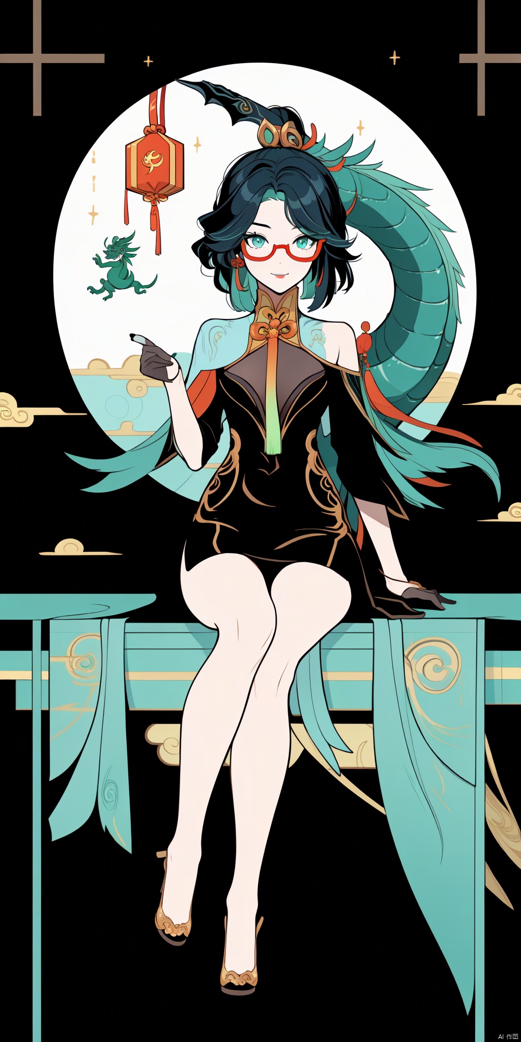  {artist:rella}, {artist:ask(askzy)},[artist:ningen_mame],artist:ciloranko, [artist:rei(sanbonzakura)],(hyper cute girl:1.1025), (flat color, vector art:1.3401), Chinese dragon theme, beautiful detailed eyes, hyper-detailed, hyper quality, eye-beautifully color, face, (her hair is shaped like a Chinese dragon, Chinese dragon, hair, Chinese dragon:1.2763), (1girl:1.2155), (high details, high quality:1.1576), (backlight:1.1576), high quality, (title:happy new year 2024:1.3), (cover design:1.2), simple background, cover art, trim, album_art, 
/, /, /, /, /, /, /, 
1girl, (chibi), xianyun, 1girl, chinese clothes, (ponytail, hair stick,hair ornament), glasses, jewelry, earrings, multicolored hair, black hair, dress, standing, gloves, green hair, red-framed eyewear, black pantyhose,
/, /, /, /, 
(((holding a little Chinese dragon))), (((sitting, Chinese dragon on legs))), [[smile]], large breast, dragon, (((Chinese dragon print))), (Loong:1.2), pajamas, kimono, bare shoulders, 
/, /, /, /, /, /, 
Chinese text,red_bandeau,year of the loong,loong pattern,lantern, red background, ((simple background)), ((happy new year 2024, new year theme, new year, 2024, gift box,)), (red decorations on dragon), ((Chinese new year)), Chinese knot, red ornaments, spring festival, 
/, /, /, /, /, /, /, 
hair with body, CTA dress, CAY leg, Loong hands, body with Loong, dress with Loong, light particles, (Hair with Loong:1.2155), small breast with Loong, 1girl, small breast, marbling with hair and clothes, (original:1.1025), (arm down:1.1025), (paper cutting:1.1025), 
------, 
Low saturation, grand masterpiece, Perfect composition, film light, light art
