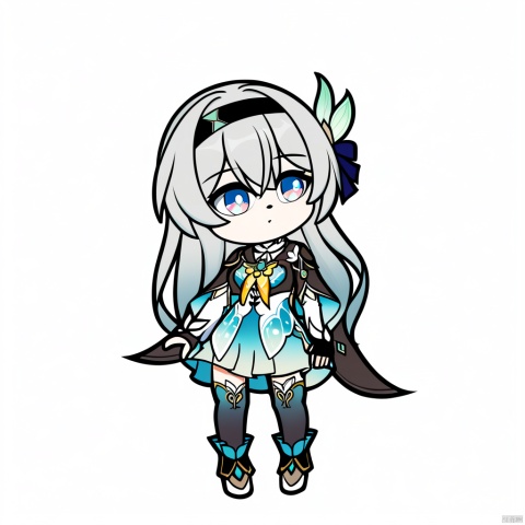  style-parody,chibi,,full_body,(masterpiece, best quality),standing,solo,(white background:1.2),simple background,
Firefly /(honkai: star rail//), Firefly's def clothes, def clothe, 1girl, black thighhighs, blue eyes, hairband, long hair, black hairband, fingerless gloves, skirt,