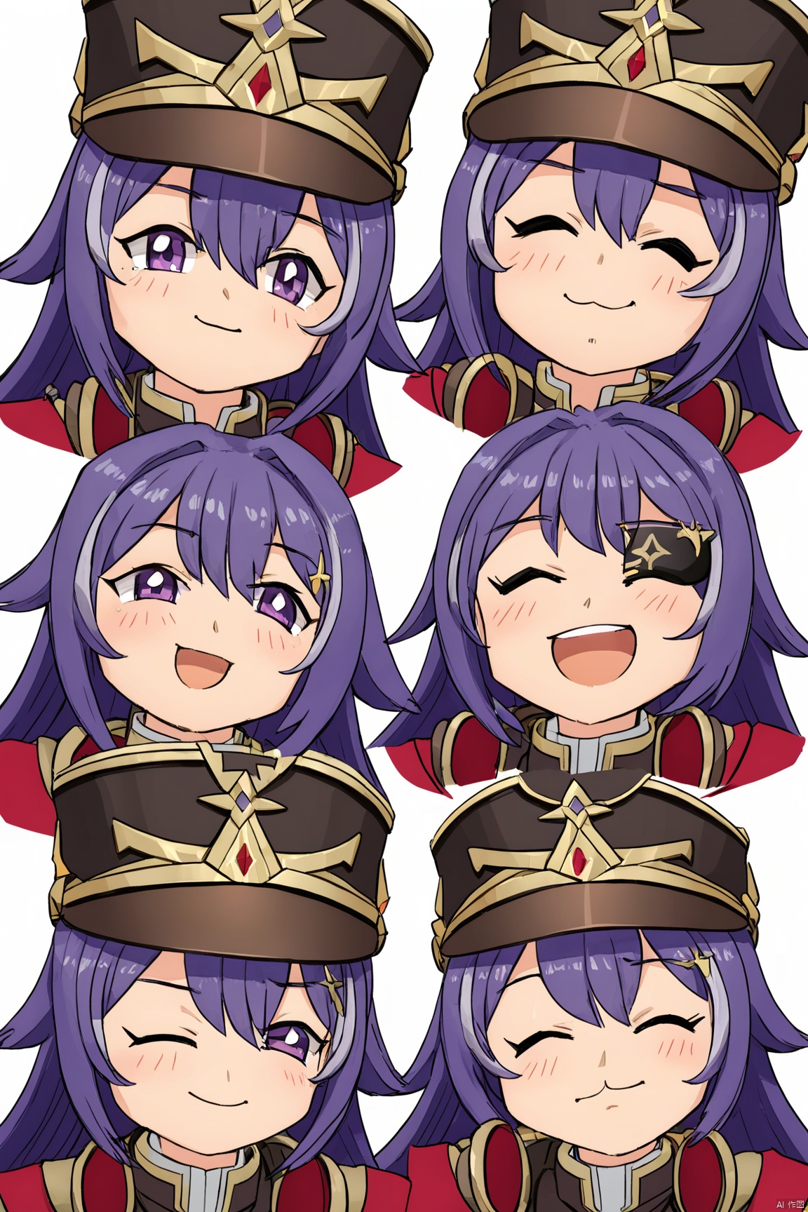 xwl, def clothe, 1girl, eyepatch, purple hair, purple eyes, long hair, hat, red gloves,
------------------------------
 masterpiece, best quality, ,multiple girls,white background,chibi,multiple view,face,smile,sad, open eyes,closed eyes, half-closed eyes, angry,no border,too many,overflow