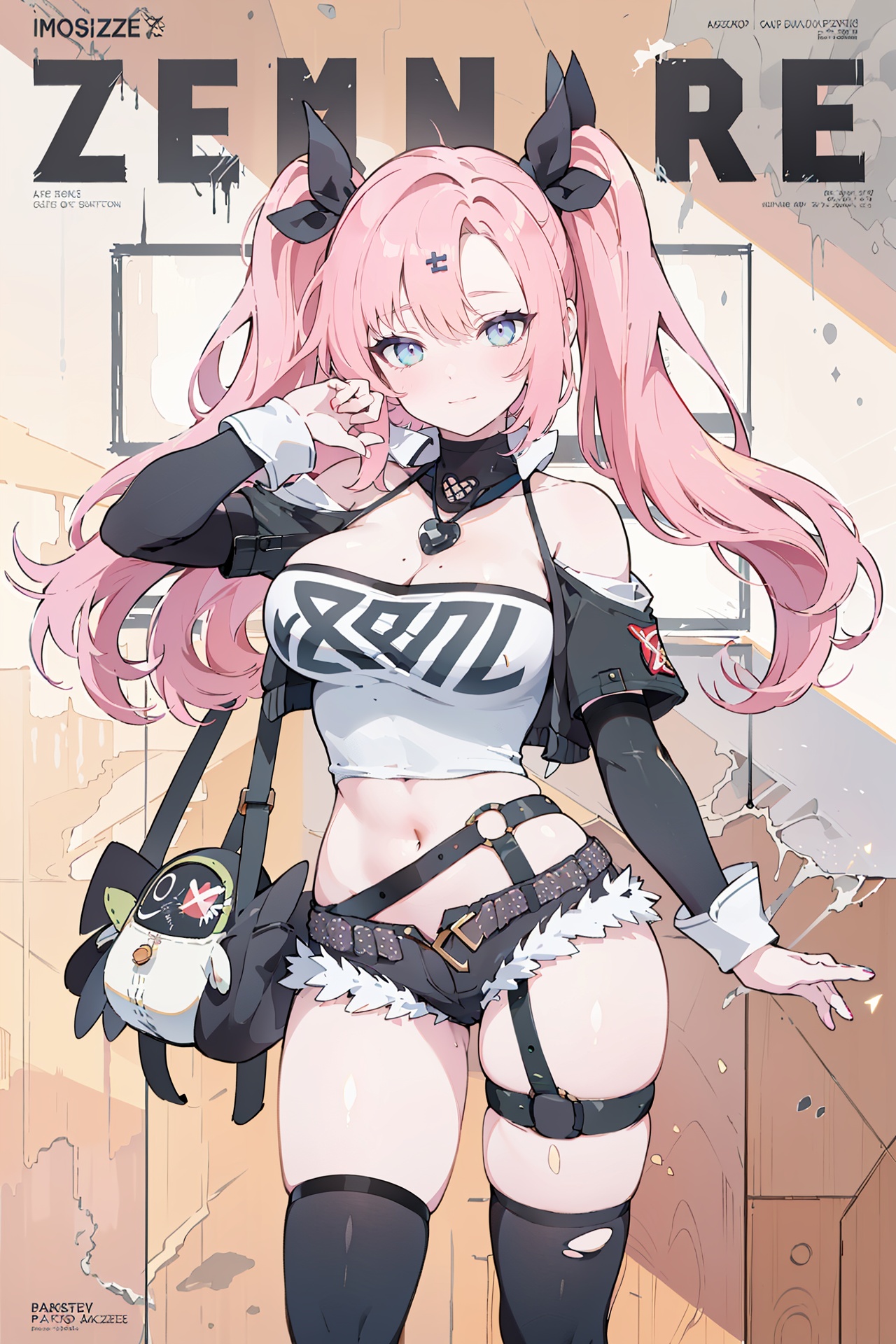  (best quality), (ultra detailed), ((masterpiece)), sfw,consored,illustration, ray tracing,contrapposto, female focus,model, 
///////////////////
nike, 1girl, large breasts, hair ribbon, twintails, pink hair, tube top, midriff, black shorts, (single thighhigh:1.2),
//////////////////////////
sexy, fine fabric emphasis,wall paper, crowds, fashion, Lipstick, depth of field, street, in public,(Magazine cover:1.2),(title),(Magazine cover-style illustration of a fashionable woman), posing in front of a colorful and dynamic background. (The text on the cover should be bold and attention-grabbing, with the title of the magazine and a catchy headline). ,olyaya