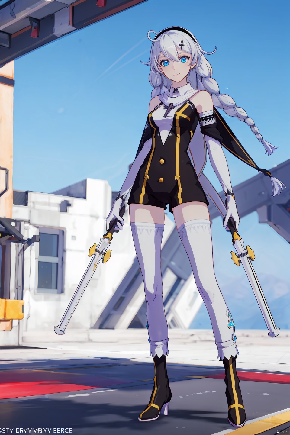 4 girls,Many girls,full-body,each girl has weapons, technological weapons,The overall style is slightly brighter, with a golden mecha **** behind it that exudes a strong sense of technology,masterpiece,best quality,Ultra-high resolution,Realistic,The overall style is golden, with golden armor that shines,sense of reality,The ultimate detail,8K wallpaper,Professional lighting,The perfect hand,Realistic hands,1girl,solo,standing,Technological city background, sunshine, futuristic technology, perfect face,full bodyWearing a mecha,mechanical joint,dynamic posture,machinery,Heela collections,((dynamic pose), technological weapons, 
\\\\\\\\\\\\\\\\\


shennv, 1girl, braid, thighhighs, long hair, blue eyes, twin braids, gloves, white thighhighs, kiana kaslana, white gloves,