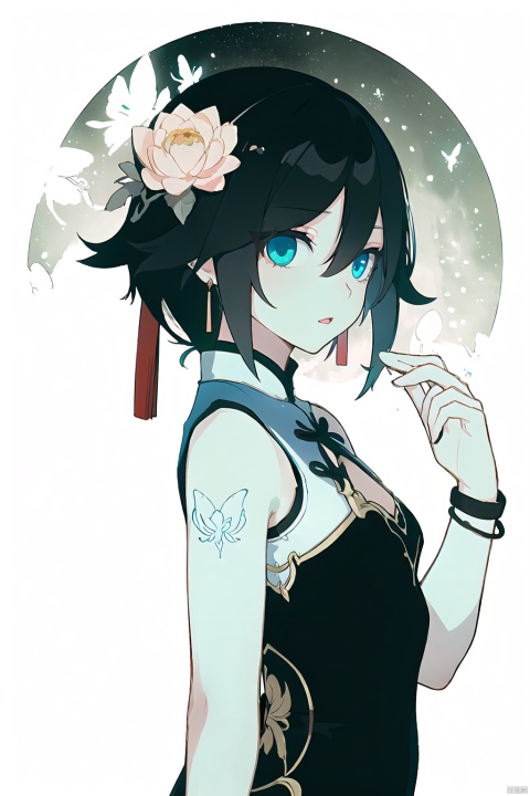  best,8k,UHD,masterpiece,bright ,high quality,flat color,1girl,
//////////////
Anime girl holding a red lotus flower. There are white butterflies and black butterflies flying around her, and there is a cobweb on her arm. The background is dark with many black leaves scattered around.
\\\\\\\\\\\
“Girl_in_the_Spider’s_Web”
white_and_purple_butterfly_accessories
black_spider_tattoo
white_butterflies
cobweb_background
gothic
surreal
fantasy
manga
dark_romantic
\\\\\\\\\\\\\\
qingyan,1girl,fu hua,chinese clothes,blue eyes,short china dress,lhair ornament,black hair,bangs,bare hands,sleeveless,blue eyes, guzhuang, seductive eyes, beautiful face