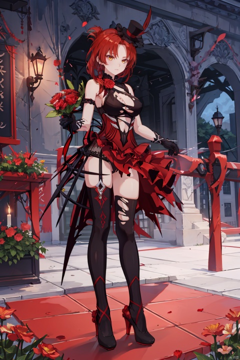 1 girl, in a red dress,  holding a bouquet of flowers and smelling them, standing, outdoors, cute,hanfu,xuese,cleavage,uncensored,1girl,murata himeko,rose,flower,yellow eyes,red hair,gloves,red flower,torn thighhighs,red rose,torn clothes,large breasts,high heels, hat,