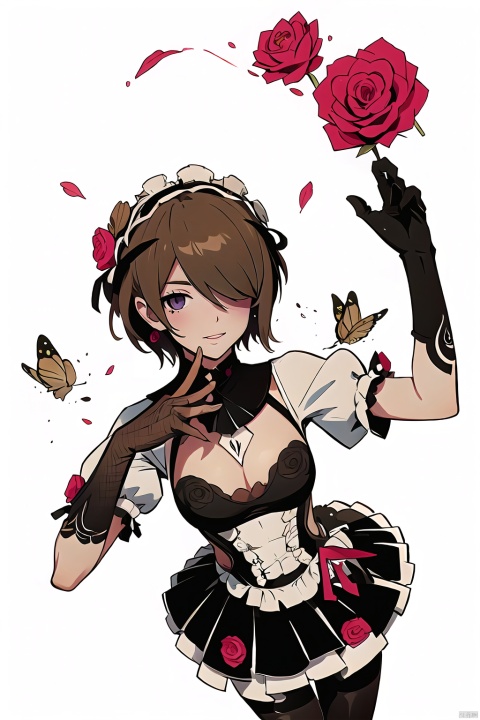  best,8k,UHD,masterpiece,bright ,high quality,flat color,1girl,
//////////////
Anime girl holding a red lotus flower. There are white butterflies and black butterflies flying around her, and there is a cobweb on her arm. The background is dark with many black leaves scattered around.
\\\\\\\\\\\
“Girl_in_the_Spider’s_Web”
white_and_purple_butterfly_accessories,
white_butterflies,
cobweb_background,
gothic,
surreal,
fantasy,
manga,
dark_romantic,
\\\\\\\\\\\\\\
aqw,rita rossweisse,1girl,gloves,maid headdress,hair over one eye,maid,black gloves,breasts,short hair,cleavage,rose,pantyhose,flower,mole under eye,short sleeves,brown hair,