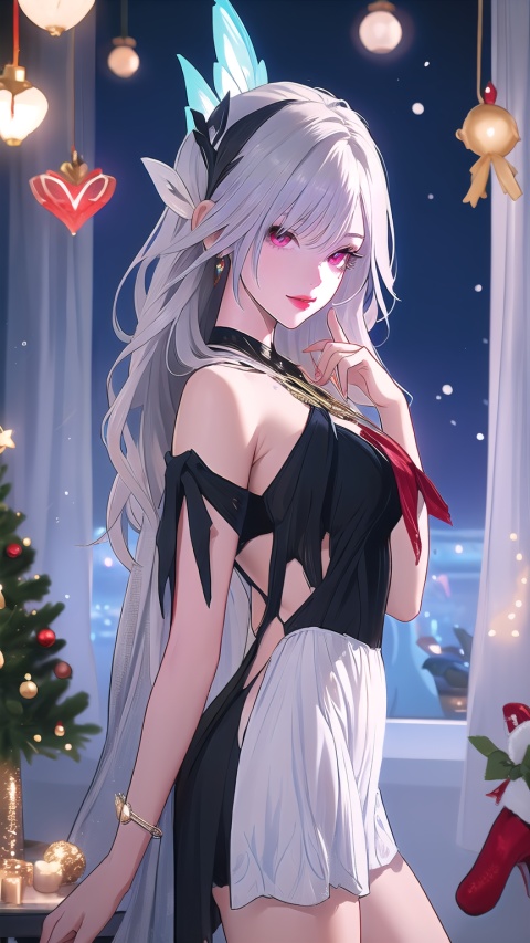  1 girl, solo, portrait, in Sexy off-the-shoulder Christmas skirt, look at viewer, blue eyes,Cool tone, Professional studio, Behind is the Christmas tree and Christmas presents, short hair, necklace, earings, elegant, , light master

skirk, 1girl, long silver hair, hair ornament, bangs, red eyes