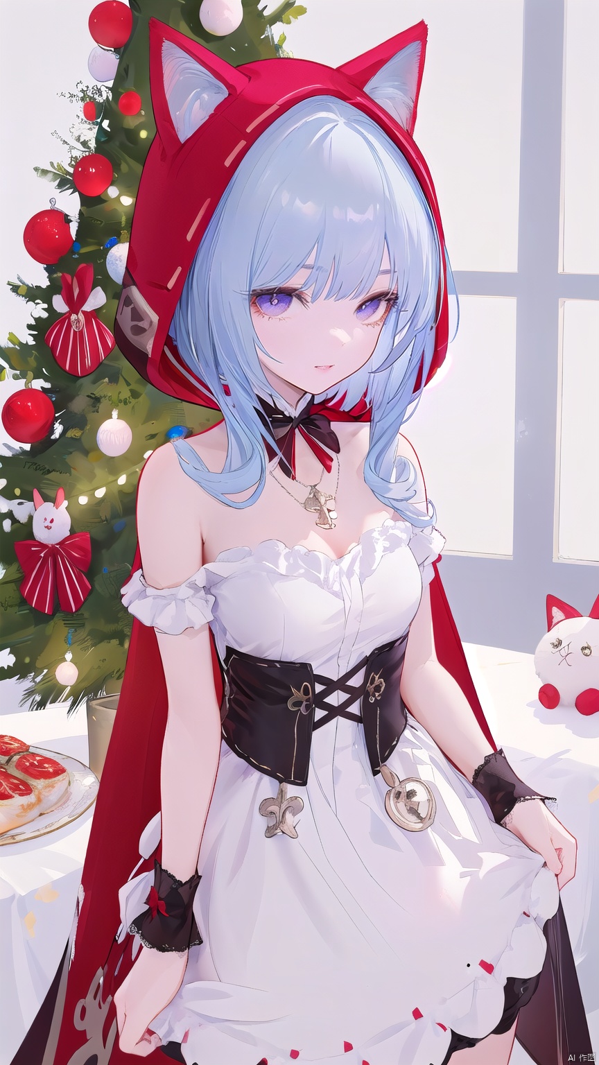  1 girl, solo, portrait, in Sexy off-the-shoulder Christmas skirt, look at viewer, blue eyes,Cool tone, Professional studio, Behind is the Christmas tree and Christmas presents, short hair, necklace, earings, elegant, , light master

(rglx:1.2), 1girl, purple eyes, red hood, cat ears hood, dress, red cape, white waist apron, Anime