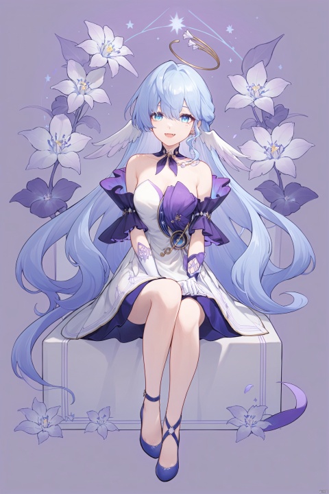  nai3, 1girl, solo, ahoge, virtual youtuber, , flower, looking at viewer, sitting, open mouth, smile,bangs,between legs, :d, hand between legs, purple background, fang, feet out of frame,haoche\\\\\\\\\\\\\\zgn,1girl,long hair,halo,blue eyes,gloves,bangs,white dress,bare shoulders,blue hair,blue footwear, zgn, figure,