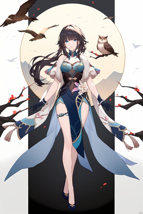  masterpiece, best quality,1girl, owl, long hair , parted lips, solo,bangs, portrait, lips,blunt bangs, yelashes , full_body,full body,birds,
ruanmei, def clothe, 1girl, gloves, blue eyes, black hair, dress, breasts, high heels, chineseclothes,
cowboy shot,,,wide shot,floating,lens 135mm,f1.8,
