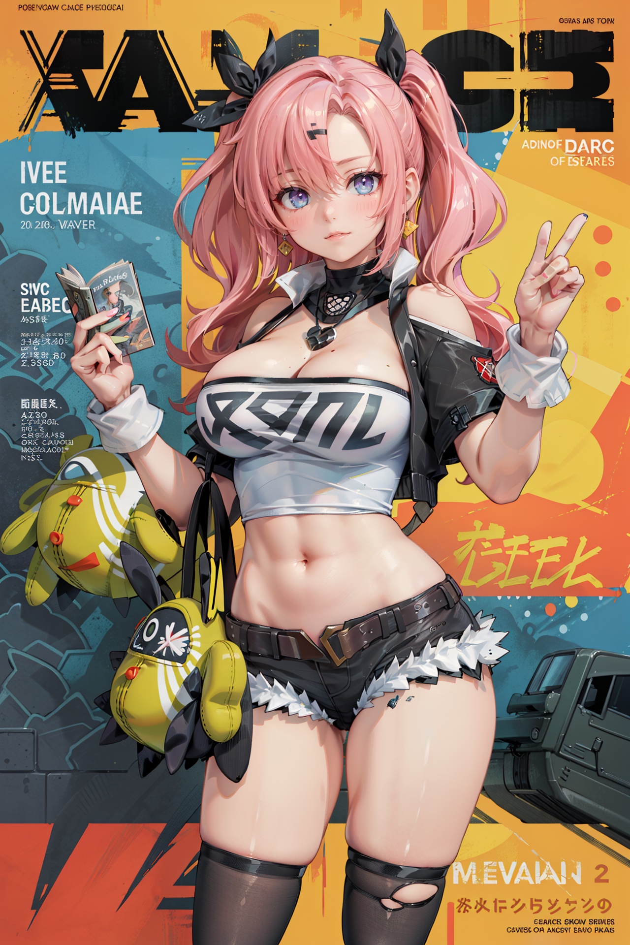  (best quality), (ultra detailed), ((masterpiece)), sfw,consored,illustration, ray tracing,contrapposto, female focus,model, 
///////////////////
nike, 1girl, large breasts, hair ribbon, twintails, pink hair, tube top, midriff, black shorts, (single thighhigh:1.2),
//////////////////////////
sexy, fine fabric emphasis,wall paper, crowds, fashion, Lipstick, depth of field, street, in public,(Magazine cover:1.2),(title),(Magazine cover-style illustration of a fashionable woman), posing in front of a colorful and dynamic background. (The text on the cover should be bold and attention-grabbing, with the title of the magazine and a catchy headline). ,olyaya