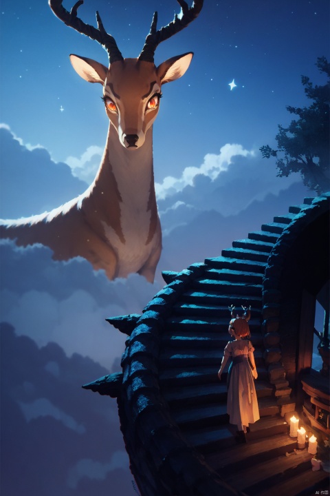  score_9, score_8_up, score_7_up, score_6_up,good background,anime,
Endless Steps, Climbing stairs, CG, night, stairs, sky, multiple girls, scenery, 2girls, a painting of a deer with a head in the clouds, a large, scary, antelope-headed creature in the distance,
