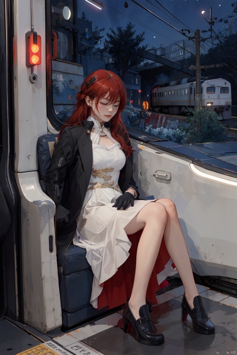 1man leans against the door of a train, her eyes closed as she listens to music through she headphones,The train is passing through a city at night, and the city lights flicker in the window behind him,his face is serene, a contrast to the bustling world outside,The scene captures a moment of personal tranquility amidst the urban chaos,
\\\\\\\\\\\\\\
jizi,def clothes,Black coat,1girl,dress,red hair,white dress,single glove,yellow eyes,long hair,bangs,blackfootwear,breasts, beautiful face, realism