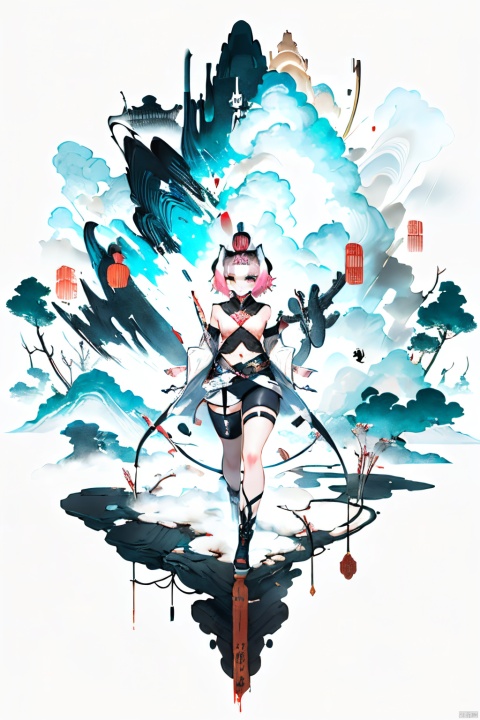  asterpiece, best quality, ultra high res, (extreme detailed), (1 beautiful girl), (abstract art:1.4), bleeding white, visually stunning, beautiful, evocative, emotional, ((white background)), white theme, goddess, cloud, 1 girl, Chinese style, Ink scattering_Chinese style
diona, sidelocks, diona (genshin impact), cat ears, 1girl, puffy detached sleeves, animal ears, detached sleeves, bangs pinned back, belt,cat girl, pink hair, forehead, short hair, navel, hat, black shorts, white gloves, thick eyebrows, green eyes, cat tail, animal ear fluff,