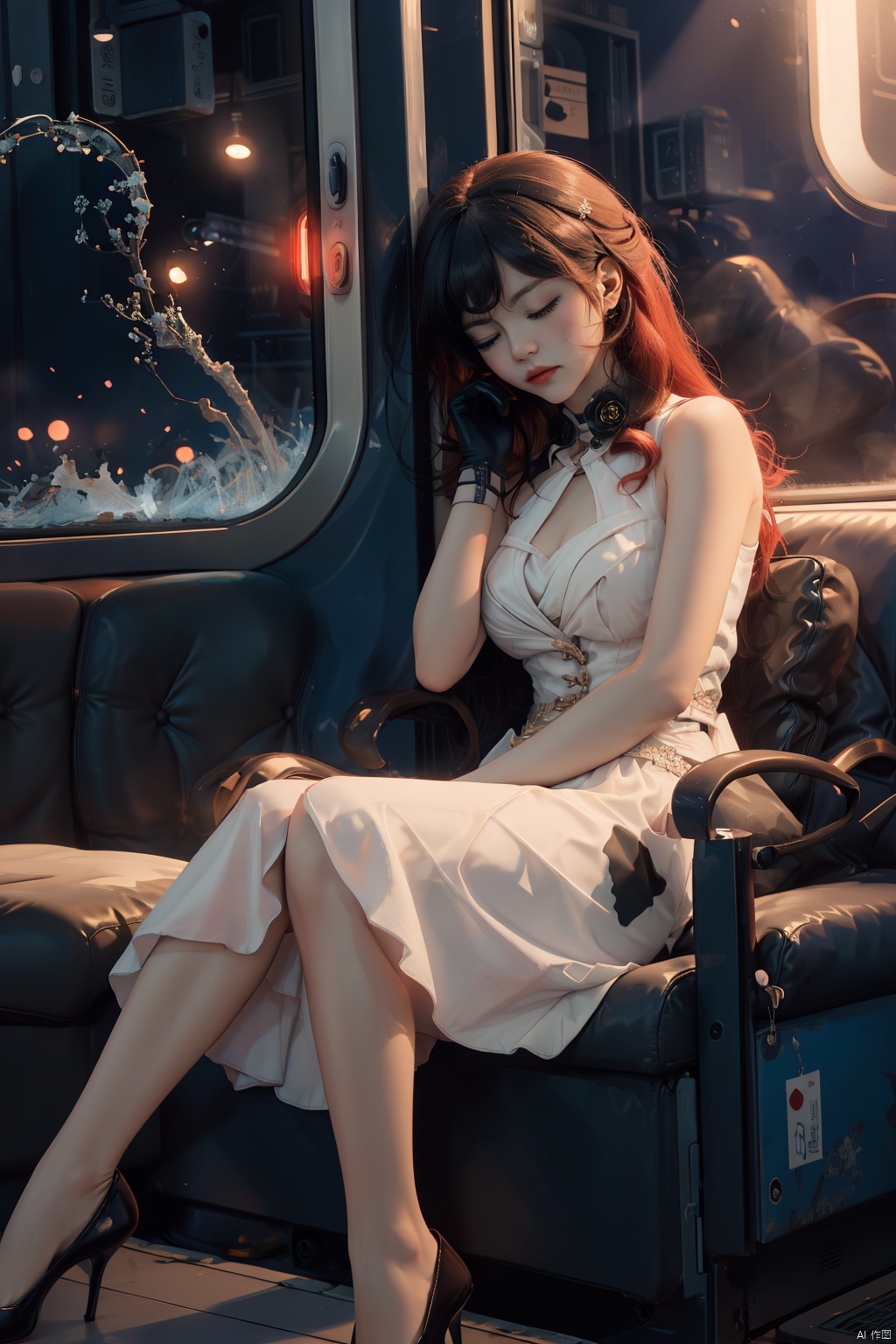 1man leans against the door of a train, her eyes closed as she listens to music through she headphones,The train is passing through a city at night, and the city lights flicker in the window behind him,his face is serene, a contrast to the bustling world outside,The scene captures a moment of personal tranquility amidst the urban chaos,
\\\\\\\\\\\\\\
jizi,def clothes,Black coat,1girl,dress,red hair,white dress,single glove,yellow eyes,long hair,bangs,blackfootwear,breasts, beautiful face, realism