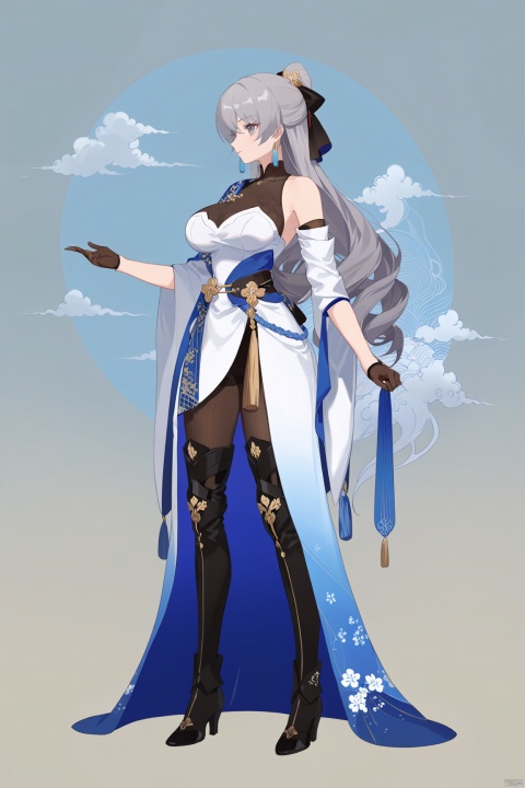  line art,line style,as style,best quality,masterpiece,
 The image features a Q version of cute cartoon girl wearing ancient costume, simple pattern, full body portrait, standing pose, legs straight, hands on both sides, minimalist painter style, ancient Chinese style, vector illustration, clean background
xtyaya, classical military uniform, 1girl, high heels, large breasts, brown gloves, thigh boots, long hair,boots,earrings,jewelry, bare shoulders,silver hair,grey eyes,pantyhose,