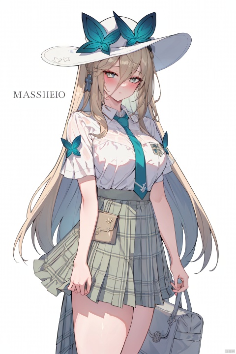 masterpiece, best quality,1girl, school uniform, alternate costume, solo, skirt, bag, necktie, multicolored hair, hair ornament, looking at viewer, blush, plaid skirt, school bag, plaid, charm (object), bag charm, cross-shaped pupils, bangs, contemporary, braid, hair between eyes, grey hair, sidelocks, jewelry, pleated skirt, green skirt, white shirt, green necktie, collared shirt, character name, female woman, white background, leaf hair ornament, 
\\\\\\\\\\\,
abyz,see-through dress,1girl,hat,breasts,long hair,dress,butterfly,blond hair
