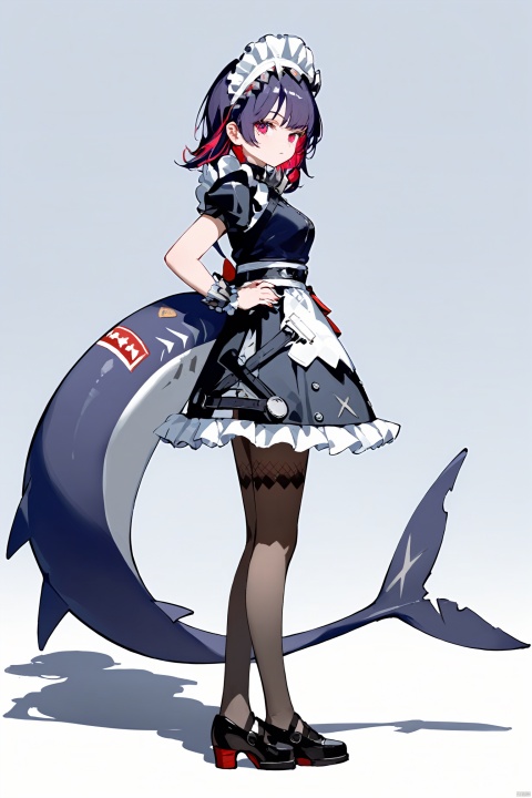  score_9,score_8_up,score_7_up,best quality,masterpiece,source_anime,8k,best quality,masterpiece,(ultra-detailed),(high detailed skin),symmetrical,(full body),white background,standing,looking back,(solo),hand on hip,
Ellen Joe, maid, shark tail, (shark girl:0.5), 1girl, red eyes, tail, pantyhose, multicolored hair, black footwear, short sleeves, apron, wrist cuffs, maidheaddress,
,(white background, simple background),(beautiful_face),((intricate_detail)),clear face,((finely_detailed)),fine_fabric_emphasis,full_shot, hquan,purple eyes, yyy