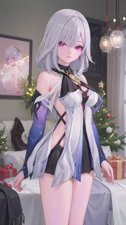  1 girl, solo, portrait, in Sexy off-the-shoulder Christmas skirt, look at viewer, blue eyes,Cool tone, Professional studio, Behind is the Christmas tree and Christmas presents, short hair, necklace, earings, elegant, , light master

skirk, 1girl, long silver hair, hair ornament, bangs, red eyes