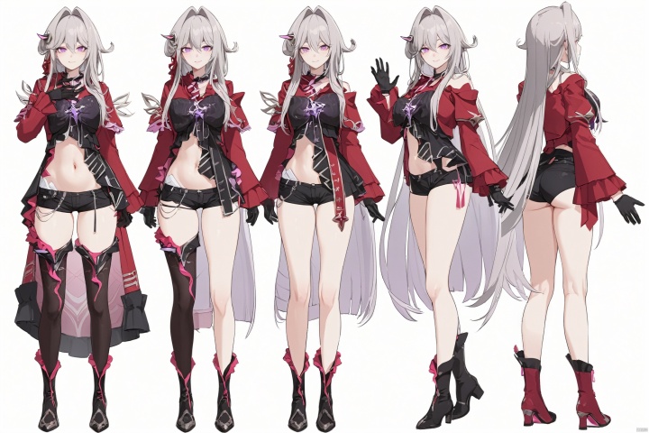  8k, best quality, masterpiece, (ultra-detailed:1.1), (high detailed skin),
(full body),
,,
Thelema, 1girl, black gloves, very long hair, purple eyes, navel, single thighhigh, black short shorts, grey hair, hair ornament,boots

bodyviews, same character, 4girls, multiple views, different pose,ass,white_background,
