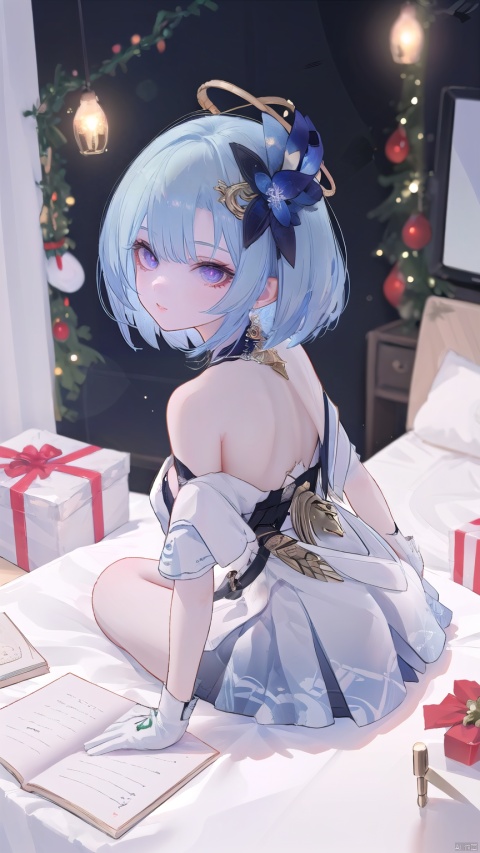  1 girl, solo, portrait, in Sexy off-the-shoulder Christmas skirt, look at viewer, blue eyes,Cool tone, Professional studio, Behind is the Christmas tree and Christmas presents, short hair, necklace, earings, elegant, , light master

dglx, 1girl, gloves, purple eyes, blue hair, , Anime, nai3