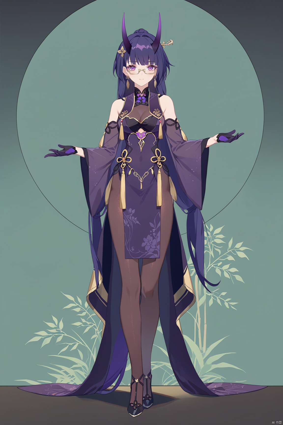  line art,line style,as style,best quality,masterpiece,
 The image features a Q version of cute cartoon girl wearing ancient costume, simple pattern, full body portrait, standing pose, legs straight, hands on both sides, minimalist painter style, ancient Chinese style, vector illustration, clean background
1st clothes, chunlan, chinese clothes, purple horns, 1girl, raiden mei, purple eyes, long hair, purple gloves, bangs, purple hair, glasses, high heels, hair ornament, earrings, china dress,pantyhose,