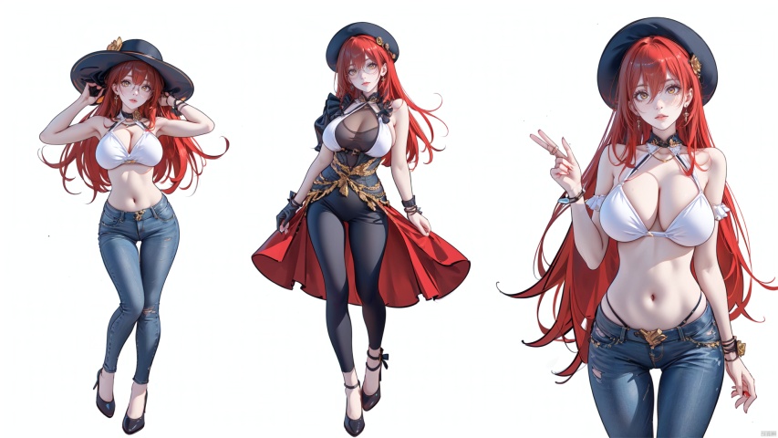  8k, best quality, masterpiece, (ultra-detailed:1.1), (high detailed skin),
(full body:1.3),
////////////////////////
jizi,1girl,red hair,yellow eyes,long hair,bangs,breasts,
///////////////////////////////
clothesviews,Differentclothes,Dress-updisplay,multipleviews,bikini,maid,t-shirt,blue_jeans,glasses,hat,bunny_suit ,white background, simple background,
\\\\\\\\\\\\\\\\\\\\\\
(beautiful_face), ((intricate_detail)), clear face,
((finely_detailed)), fine_fabric_emphasis,
((glossy)), full_shot, Anime, melowh, Art style, fantasy