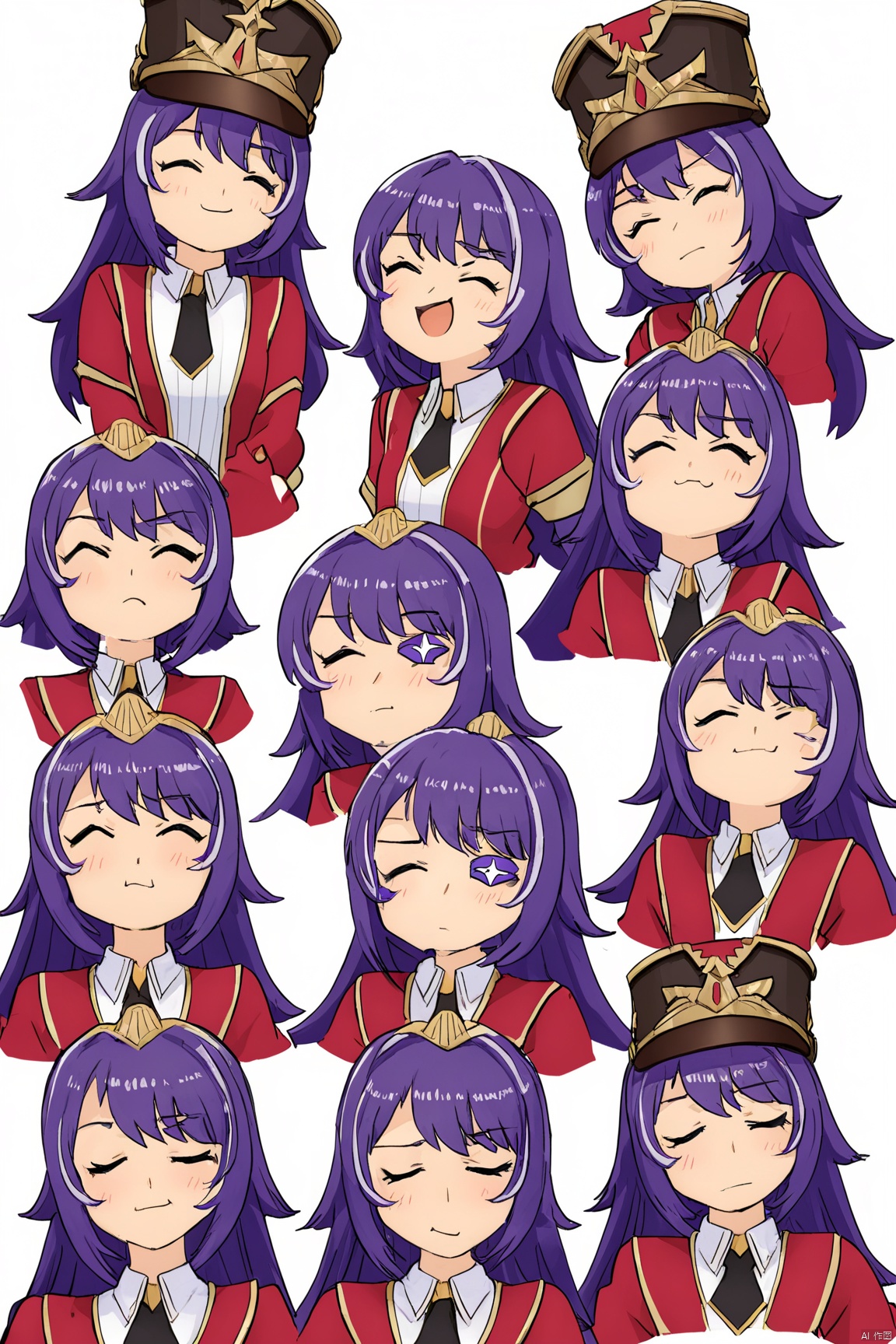 xwl, def clothe, 1girl, eyepatch, purple hair, purple eyes, long hair, hat, red gloves,
------------------------------
 masterpiece, best quality, ,multiple girls,white background,chibi,multiple view,face,smile,sad, open eyes,closed eyes, half-closed eyes, angry,no border,too many,overflow