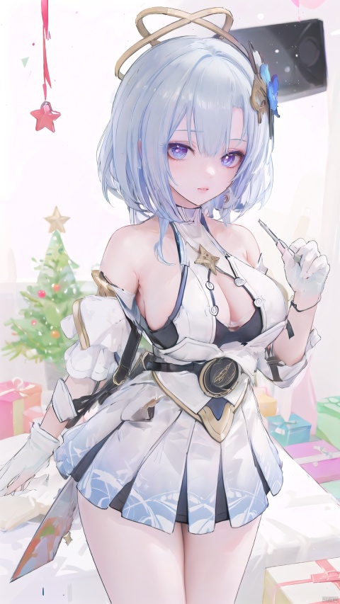 1 girl, solo, portrait, in Sexy off-the-shoulder Christmas skirt, look at viewer, blue eyes,Cool tone, Professional studio, Behind is the Christmas tree and Christmas presents, short hair, necklace, earings, elegant, , light master

dglx, 1girl, gloves, purple eyes, blue hair, , Anime