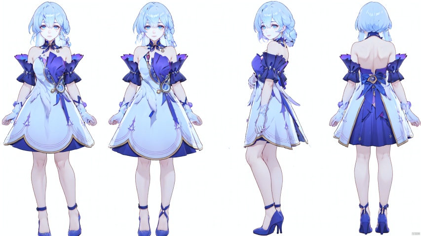  8k, best quality, masterpiece, (ultra-detailed:1.1), (high detailed skin),
(full body:1.3),
////////////////////////
zgn,1girl,long hair,halo,blue eyes,gloves,bangs,white dress,bare shoulders,blue hair,blue footwear,
///////////////////////////////
clothesviews, Different clothes, Dress-up display, multiple views, looking_at_viewer,full body, back ,white background, simple background,
\\\\\\\\\\\\\\\\\\\\\\
(beautiful_face), ((intricate_detail)), clear face,
((finely_detailed)), fine_fabric_emphasis,
((glossy)), full_shot, Anime, melowh, Art style, fantasy