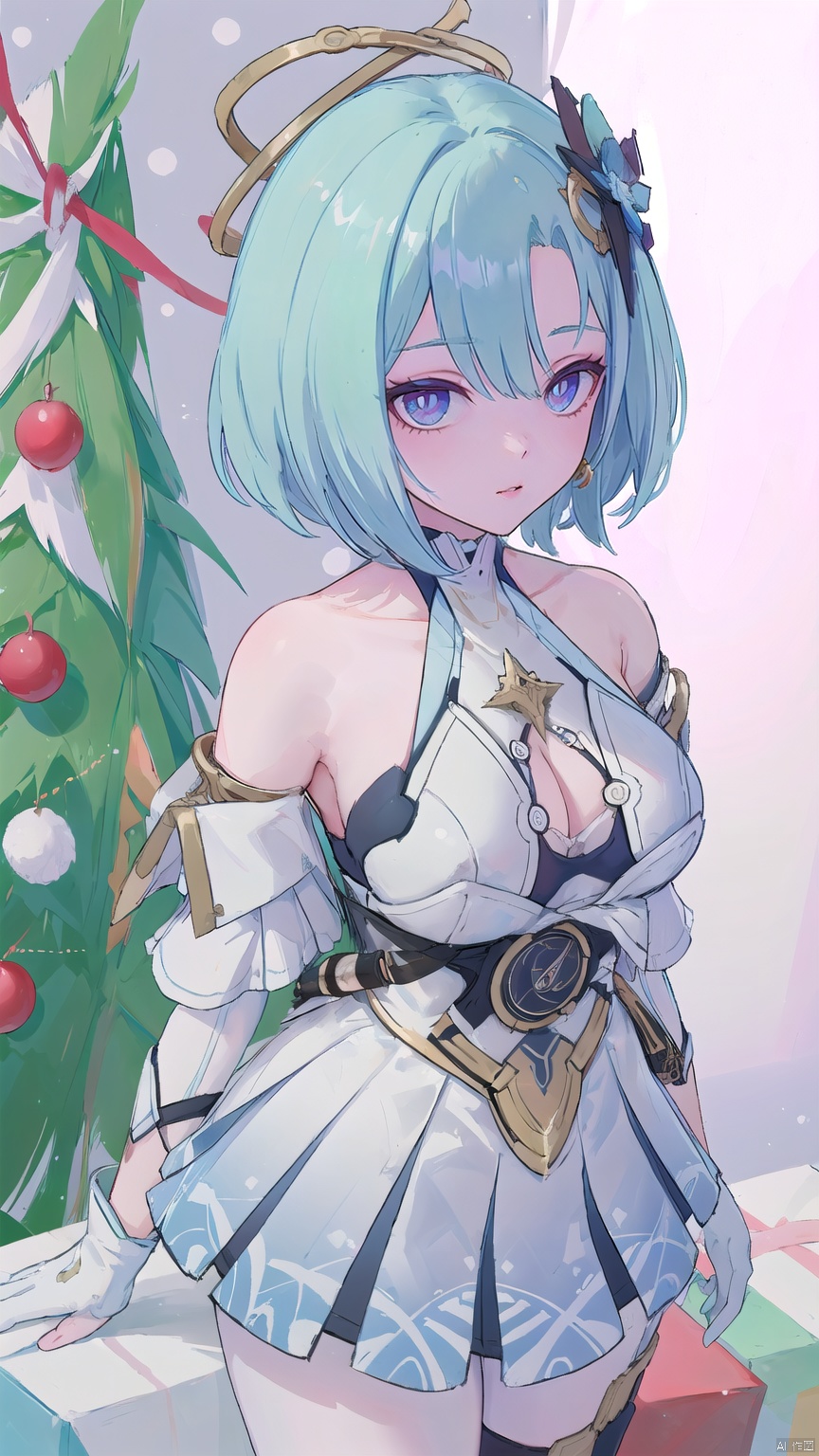  1 girl, solo, portrait, in Sexy off-the-shoulder Christmas skirt, look at viewer, blue eyes,Cool tone, Professional studio, Behind is the Christmas tree and Christmas presents, short hair, necklace, earings, elegant, , light master

dglx, 1girl, gloves, purple eyes, blue hair, 