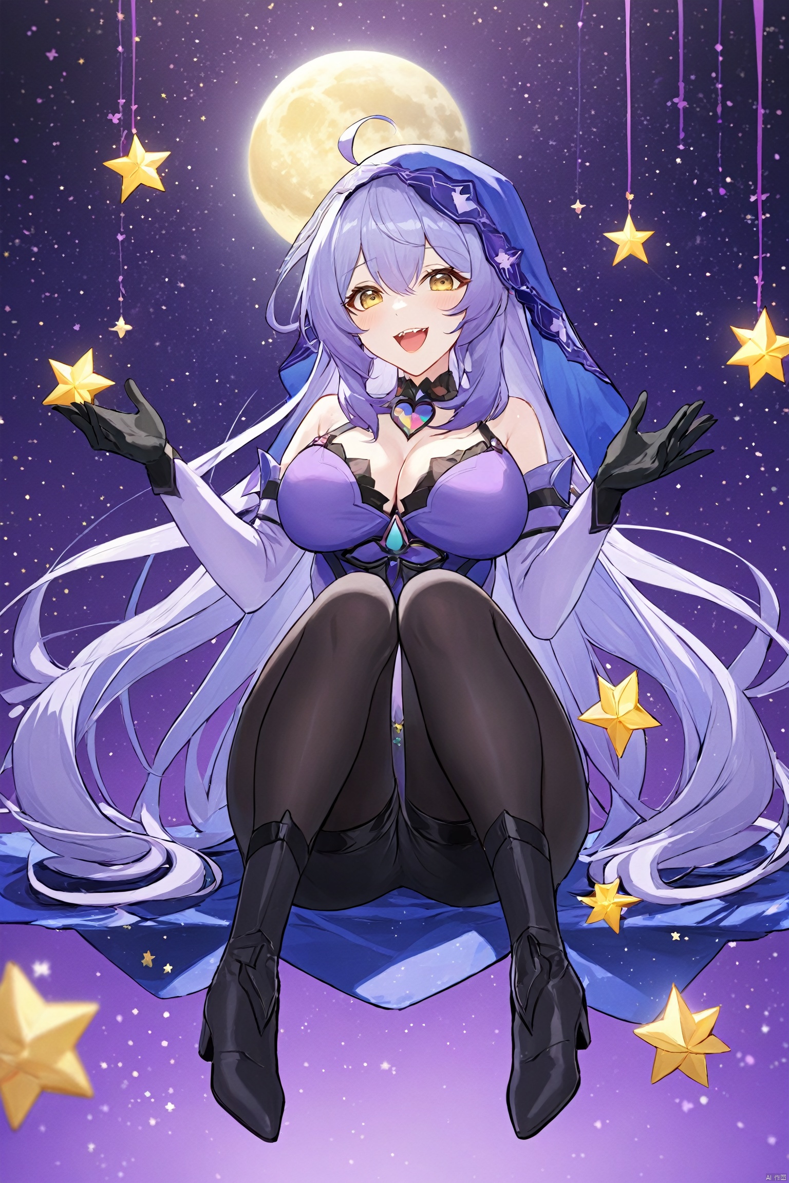  nai3, 1girl, solo, ahoge, virtual youtuber, , flower, looking at viewer, sitting, open mouth, smile,bangs,between legs, :d, hand between legs, purple background, fang, feet out of frame,haoche\\\\\\\\\\\\\\stars,moon,cards,floating things,

hte,1girl,long hair,boots,purple hair,black gloves,veil,cleavage,pantyhose,large breasts,shorts,yellow eyes, figure,迪士尼