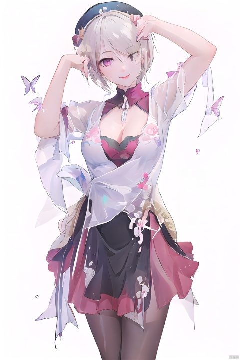  best,8k,UHD,masterpiece,bright ,high quality,flat color,1girl,
//////////////
Anime girl holding a red lotus flower. There are white butterflies and black butterflies flying around her, and there is a cobweb on her arm. The background is dark with many black leaves scattered around.
\\\\\\\\\\\
“Girl_in_the_Spider’s_Web”
white_and_purple_butterfly_accessories,
white_butterflies,
cobweb_background,
gothic,
surreal,
fantasy,
manga,
dark_romantic,
\\\\\\\\\\\\\\
aqw,rita rossweisse,1girl,hair over one eye,breasts,short hair,cleavage,rose,pantyhose,flower,mole under eye,brown hair,
\\\\\\\\
best quality,highly detailed,dancing , dancedress, smile,headwear, see_through, Chinese architecture, dancedress,depth_of_field , MIX4,