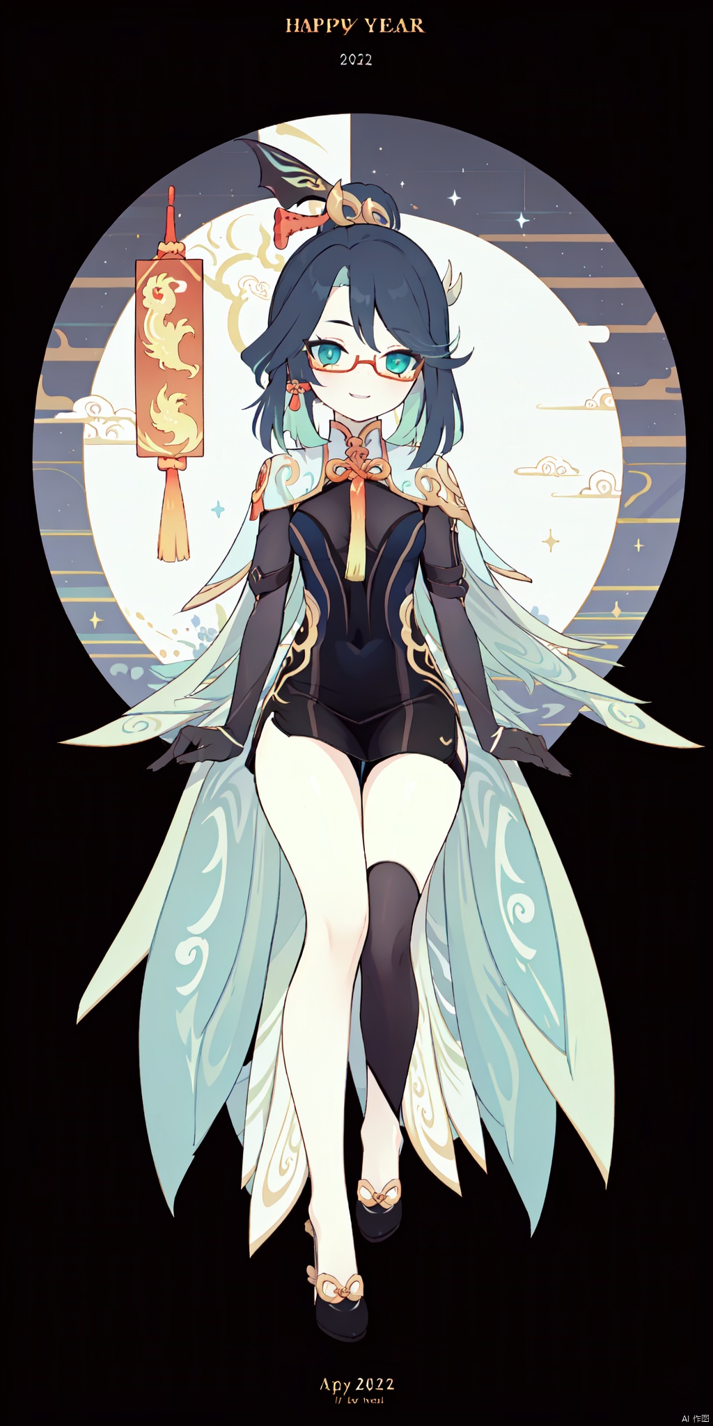  {artist:rella}, {artist:ask(askzy)},[artist:ningen_mame],artist:ciloranko, [artist:rei(sanbonzakura)],(hyper cute girl:1.1025), (flat color, vector art:1.3401), Chinese dragon theme, beautiful detailed eyes, hyper-detailed, hyper quality, eye-beautifully color, face, (her hair is shaped like a Chinese dragon, Chinese dragon, hair, Chinese dragon:1.2763), (1girl:1.2155), (high details, high quality:1.1576), (backlight:1.1576), high quality, (title:happy new year 2024:1.3), (cover design:1.2), simple background, cover art, trim, album_art, 
/, /, /, /, /, /, /, 
1girl, (chibi), xianyun, 1girl, chinese clothes, (ponytail, hair stick,hair ornament), glasses, jewelry, earrings, multicolored hair, black hair, dress, standing, gloves, green hair, red-framed eyewear, black pantyhose,
/, /, /, /, 
(((holding a little Chinese dragon))), (((sitting, Chinese dragon on legs))), [[smile]], large breast, dragon, (((Chinese dragon print))), (Loong:1.2), pajamas, kimono, bare shoulders, 
/, /, /, /, /, /, 
Chinese text,red_bandeau,year of the loong,loong pattern,lantern, red background, ((simple background)), ((happy new year 2024, new year theme, new year, 2024, gift box,)), (red decorations on dragon), ((Chinese new year)), Chinese knot, red ornaments, spring festival, 
/, /, /, /, /, /, /, 
hair with body, CTA dress, CAY leg, Loong hands, body with Loong, dress with Loong, light particles, (Hair with Loong:1.2155), small breast with Loong, 1girl, small breast, marbling with hair and clothes, (original:1.1025), (arm down:1.1025), (paper cutting:1.1025), 
------, 
Low saturation, grand masterpiece, Perfect composition, film light, light art
