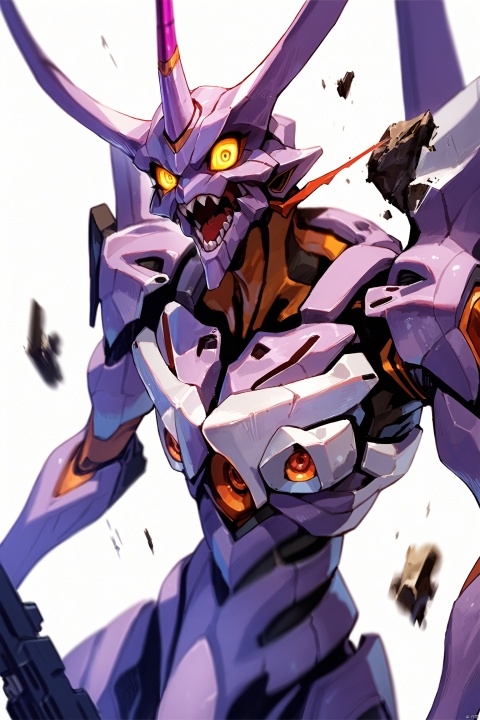 score_9, score_8_up, score_7_up, score_6_up,jijia, 2d, anime, no humans, mecha, robot, eva 01, science fiction, yellow eyes, single horn, horns, white background, solo, glowing, teeth, signature, open mouth, motion blur, debris, sharp teeth, glowing eyes,a close up of a purple alien creature,a robot with huge eyes is holding a gun in his hand