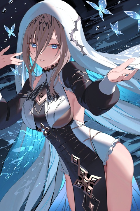  masterpiece, best quality,8K,detailed,(good hands:0.5),
(aponia, nun, def clothe), 1girl, breasts, bangs,blue eyes,long hair, hair between eyes, blue butterfly, longsleeves,veil, solo, closed eyes, underwater, fish,air bubble, bubble, breasts,  parted lips, submerged, cowboy shot, star \(symbol\), hands up,lnt, def clothe, 
