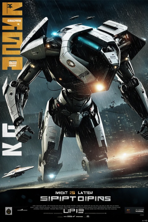  score_9, score_8_up, score_7_up, score_6_up,jijia, 3d, CG, robot, mecha, science fiction, realistic, no humans, english text, aircraft, damaged, helicopter, rain, lights,a movie poster with a giant robot on it,a poster for a movie about an alien, and an alien is coming to attack people