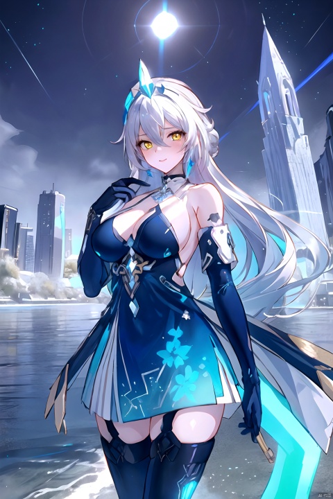  (Masterpiece) ,intricate details, outdoor,great cit,cityscape,river,white theme, lucid surface futuristic internals, a beautiful women cyborg with white long hair and iridescent eyes,a lot Embossed decorations with gold trim on suite, cowboy shot, sun light, haoche,jiqi, art style,
////////////
lindong,1girl,kiana kaslana,long hair,blue elbow gloves,bare shoulders,yellow eyes,boots,bangs,breasts,white thighhighs,jewelry,diamond-shaped pupils,hair between eyes,blue dress,tiara, haoche, 2girls,large breasts, beautiful face,鏃�