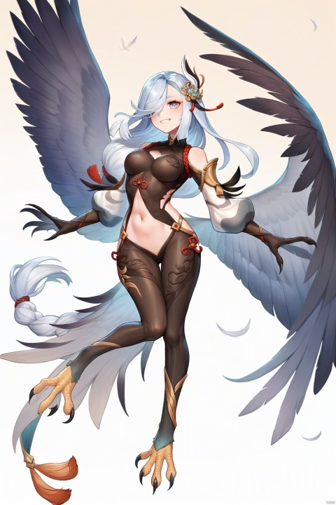  score_9, score_8_up, score_7_up, score_6_up,
shenhe \(genshin impact\), Shenhe's def clothes,1girl, long hair, hair over one eye, hair ornament,bodysuit,,
jijia, 2d, anime, 1girl, Birdwoman, wings,Harpy,solo, claws, tail, breasts, feathers, scales, talons, smile, monster girl, full body, navel, gradient, gradient background, personification, medium breasts, animal feet, teeth, signature,  an illustration of a woman in an animal suit
