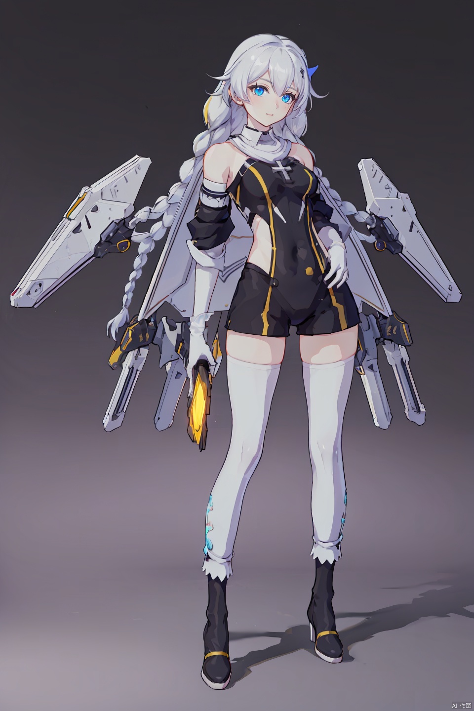 4 girls,Many girls,full-body,each girl has weapons, technological weapons,The overall style is slightly brighter, with a golden mecha **** behind it that exudes a strong sense of technology,masterpiece,best quality,Ultra-high resolution,Realistic,The overall style is golden, with golden armor that shines,sense of reality,The ultimate detail,8K wallpaper,Professional lighting,The perfect hand,Realistic hands,1girl,solo,standing,Technological city background, sunshine, futuristic technology, perfect face,full bodyWearing a mecha,mechanical joint,dynamic posture,machinery,Heela collections,((dynamic pose), technological weapons, 
\\\\\\\\\\\\\\\\\
jiqi,

shennv, 1girl, braid, thighhighs, long hair, blue eyes, twin braids, gloves, white thighhighs, kiana kaslana, white gloves,
