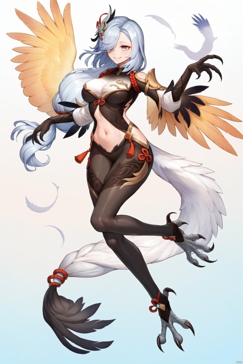  score_9, score_8_up, score_7_up, score_6_up,
shenhe \(genshin impact\), Shenhe's def clothes,1girl, long hair, hair over one eye, hair ornament,bodysuit,,
jijia, 2d, anime, 1girl, Birdwoman, wings,Harpy,solo, Feathertail, claws, tail, breasts, feathers, scales, talons, smile, monster girl, full body, navel, gradient, gradient background, personification, medium breasts, animal feet, teeth, signature, an illustration of a woman in an animal suit

