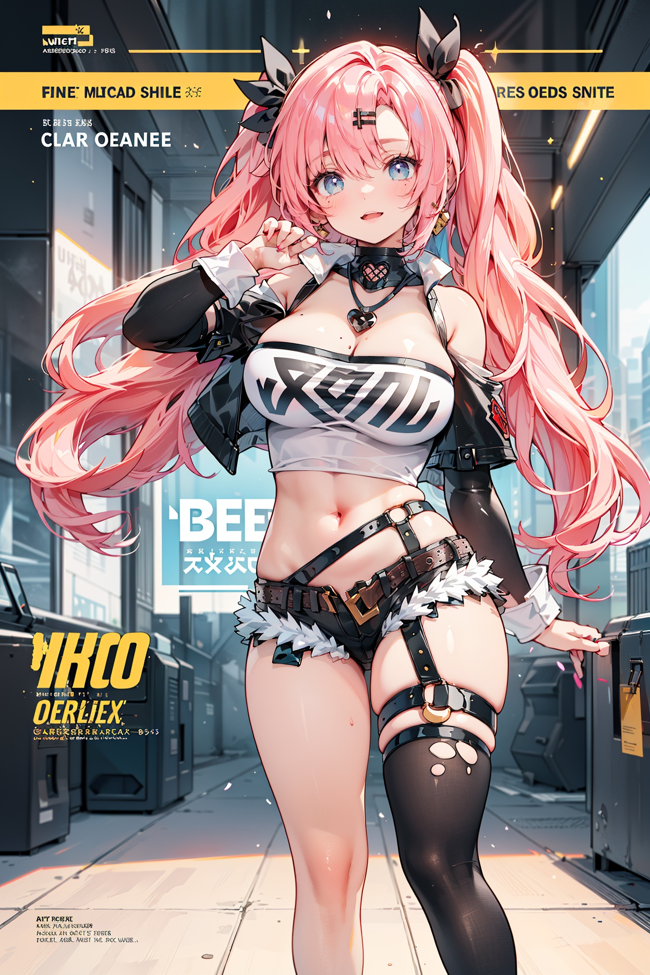  (best quality), (ultra detailed), ((masterpiece)), sfw,consored,illustration, ray tracing,contrapposto, female focus,model, 
///////////////////
nike, 1girl, large breasts, hair ribbon, twintails, pink hair, tube top, midriff, black shorts, (single thighhigh:1.2),
//////////////////////////
sexy, fine fabric emphasis,wall paper, crowds, fashion, Lipstick, depth of field, street, in public,(Magazine cover:1.2),(title),(Magazine cover-style illustration of a fashionable woman), posing in front of a colorful and dynamic background. (The text on the cover should be bold and attention-grabbing, with the title of the magazine and a catchy headline). ,olyaya