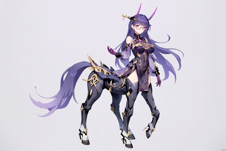  score_9, score_8_up, score_7_up, score_6_up,jijia,2d,anime, taur, 1girl, monster girl, solo, breasts, long hair, centaur, full body, looking at viewer, sidelocks, large breasts, standing, multiple legs, grey background,pink armor, mechanical legs, horse tail, tail, centauroid,empty hands,artist signature,no weapon,
1st clothes, chunlan, chinese clothes, purple horns, 1girl, raiden mei, purple eyes, long hair, purple gloves, bangs, purple hair, glasses, hair ornament, earrings, china dress, 