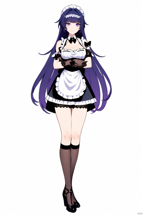  quality,masterpiece, aiden mei, 1girl, long hair, purple eyes, purple hair,bangs,Maid outfit,Maid Dress, apron, lace headband, knee-high socks, lace gloves, bow tie, standing,posing,white background,simple background,full body,smile,


