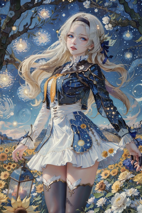 
Beautiful woman, sunflower field, amber eyes, 8k, best quality, (van gogh, starry night background), detailed hair, detailed eyes, mtianmei
\\\\\\\\\\\,
liuying,def clothe,1girl,black thighhighs,blue eyes,hairband,long hair,black hairband,fingerlessgloves,skirt,
, mLD