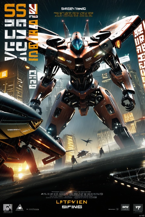  score_9, score_8_up, score_7_up, score_6_up,jijia, 3d, CG, robot, mecha, science fiction, realistic, no humans, english text, aircraft, damaged, helicopter, rain, lights,a movie poster with a giant robot on it,a poster for a movie about an alien, and an alien is coming to attack people