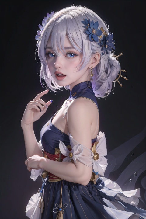  (masterpiece, best quality),a girl, solo, open mouth,  hair between eyes, looking at viewer, upper body, hand up, falling petals, depth of field, strong bloom, purple background,
lange, theresa apocalypse, 1girl, hair ornament, hair flower, blue eyes, white hair, flower, simple background, dress, full body, chinese clothes, closed mouth, looking at viewer, bangs, bare shoulders, blue flower,skirt, little girl,9 years old