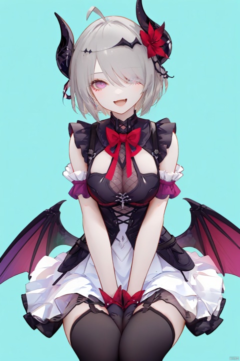  nai3, 1girl, solo, ahoge, virtual youtuber, , flower, looking at viewer, sitting, open mouth, smile,bangs,between legs,  :d, hand between legs, blue background, fang, feet out of frame,haoche
\\\\\\\\\\\\\\
bomu, 1girl, rita rossweisse, horns, gloves, wings, breasts, hair over one eye, short hair, thighhighs, lower,