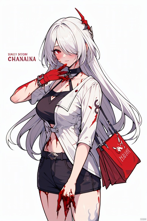  masterpiece, best quality,1girl, alternate costume, solo, bag, looking at viewer, blush, plaid, charm (object), bag charm, bangs, contemporary, sidelocks, jewelry, character name, female woman, white background, 
\\\\\\\\\\\,
(whuangquan:1.2),white hair,asymmetrical clothes,(bloody hand,red hand:1.35) eyes,long hair,hair over one eye,shorts,
, jijianchahua