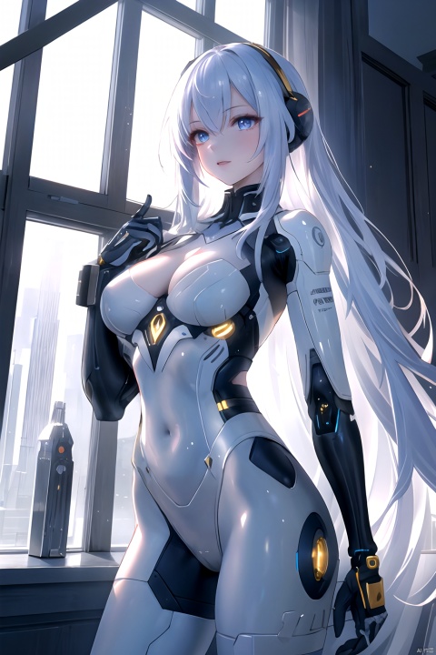  (Masterpiece) ,intricate details, white theme, lucid surface futuristic internals, a windows to a beautiful futuristic white city, a beautiful women cyborg with white long hair and white iridescent eyes wearing black cyber suite , a lot Embossed decorations with gold trim on suite, cowboy shot, sun light, 2girls, haoche