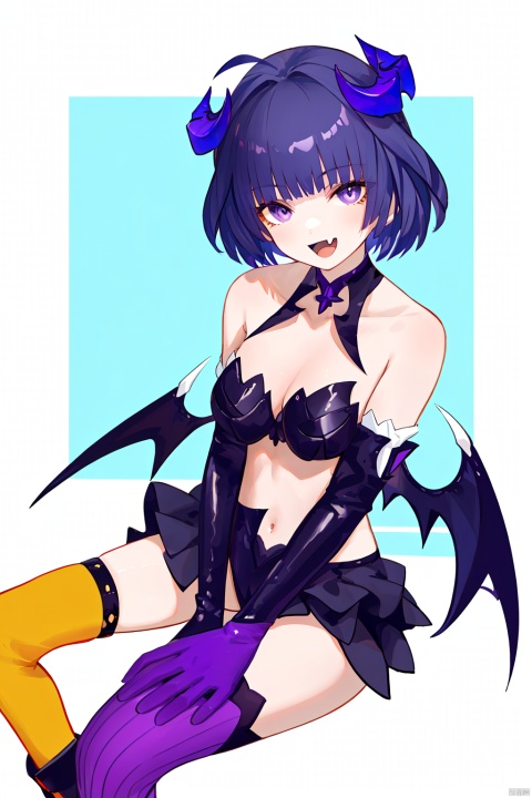  nai3, 1girl, solo, ahoge, virtual youtuber, , flower, looking at viewer, sitting, open mouth, smile,bangs,between legs, :d, hand between legs, blue background, fang, feet out of frame,haoche,violet,
\\\\\\\\\\\\\\
meimo, succubus, 1girl, gloves, raiden mei, elbow gloves, long hair, bangs, (single thighhigh:1.2), bare shoulders, breasts, purple gloves, boots, succubus wings, demon girl, masterpiece